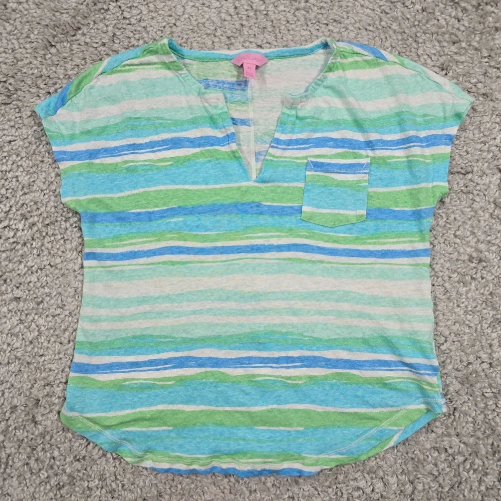 Lilly Pulitzer Women Linen Split Neck Top Size XS Striped Coastal Preppy - Picture 1 of 9